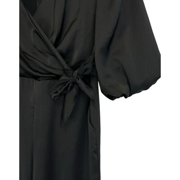 She + Sky Satin Wide Leg Jumpsuit Black Faux-Wrap Balloon Sleeve Size L - Picture 6 of 12